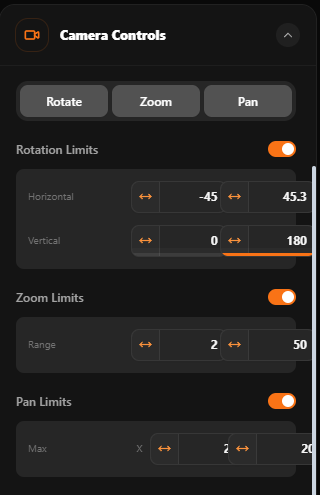Orbital 3D camera controls with rotation, zoom, and pan limits