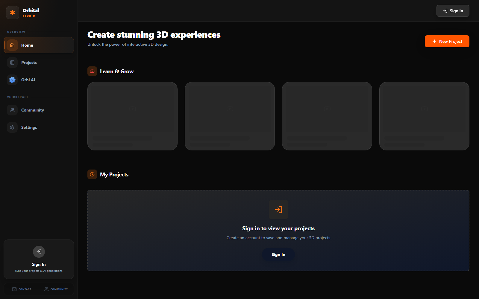 Orbital 3D dashboard with navigation, learning resources, and project controls