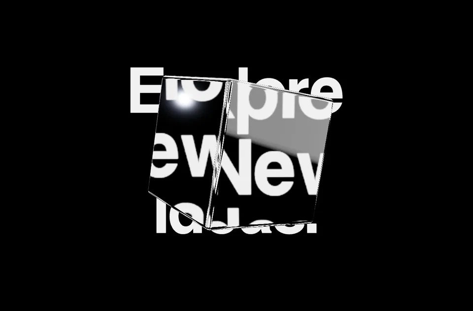 Orbital library composition with a glass cube and large background typography